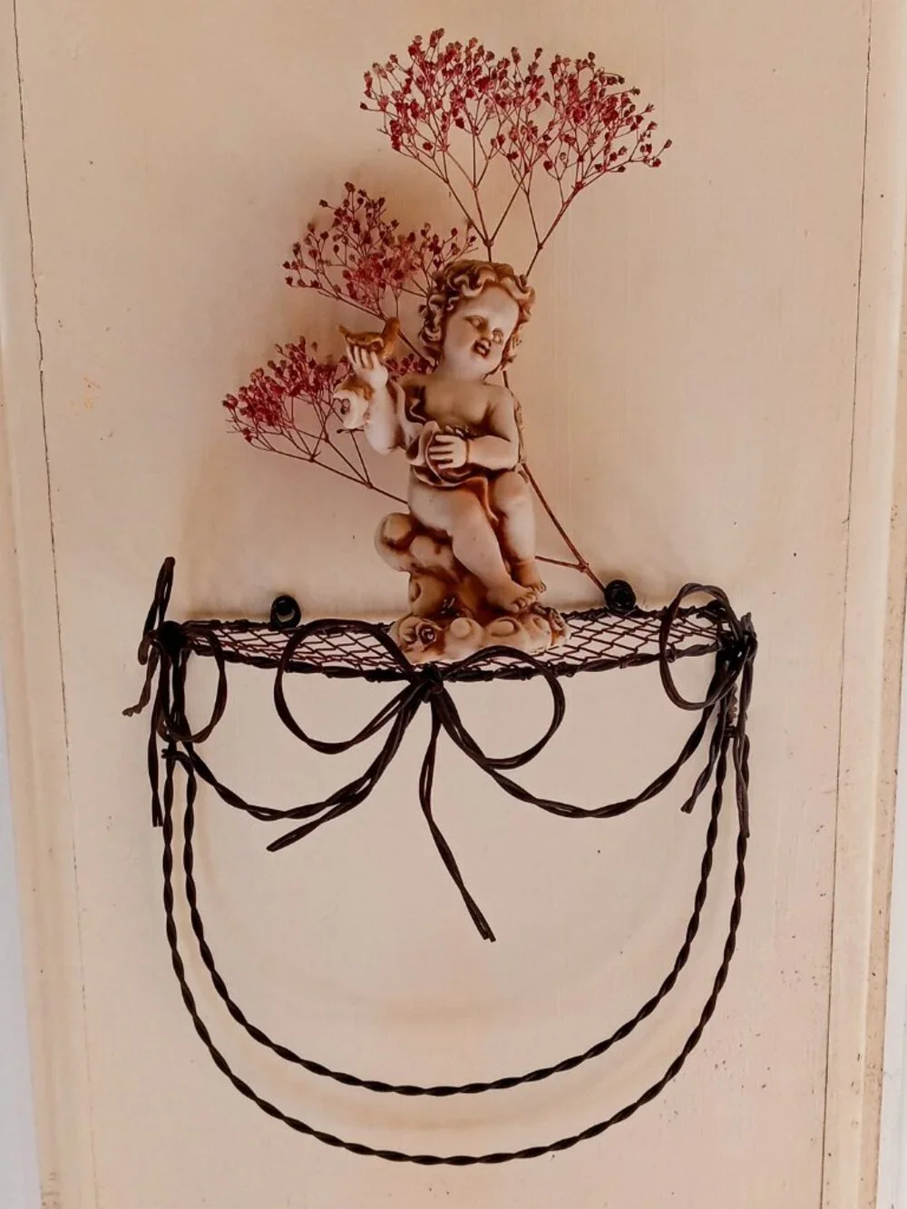 Vintage Rustic Handmade Twisted Wire WALL SHELF w/3 BOWS Shabby Chic Decor